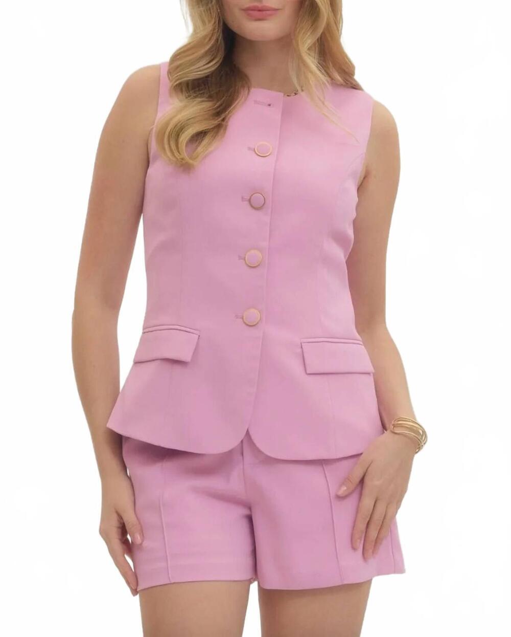 NEW ENTRO sleeveless top front flap pockets with shorts set in pink